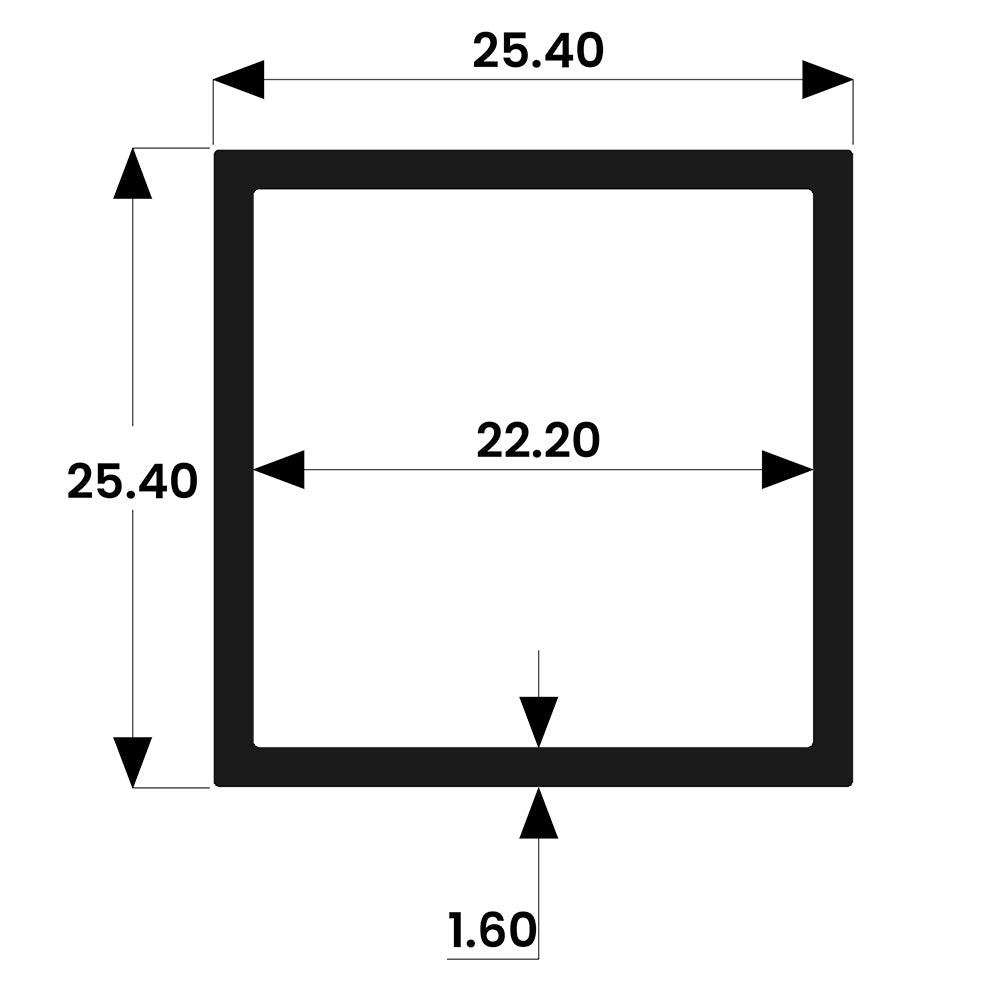 25mm x 25mm Aluminium Square Box Tube - Mill Finish